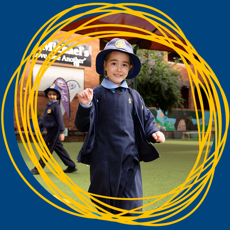 Student playing hopscotch in the school playground at St Michael's Primary School Blacktown South